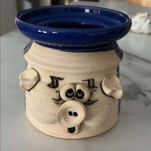 Blue and Cream Ceramic Pig Planter